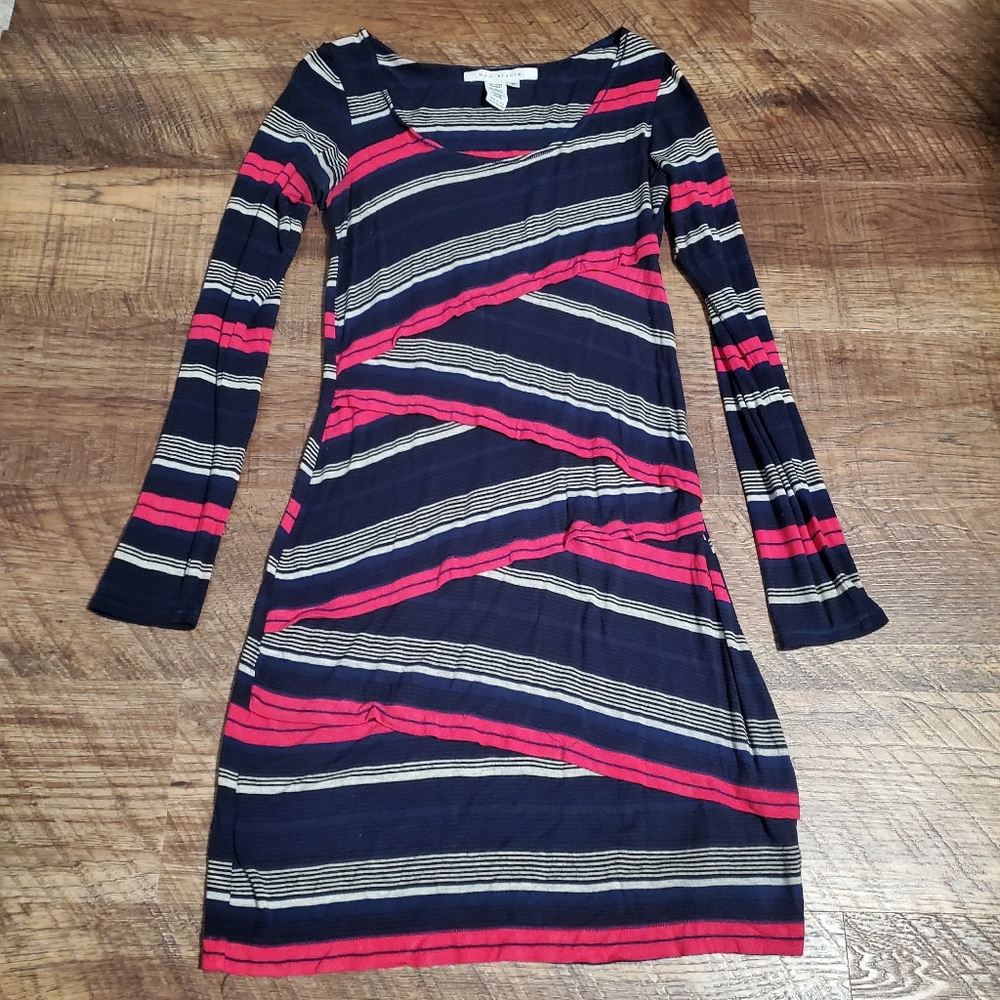 Max Studio Striped Long Sleeve Dress Knit Fitted Bodycon Stretch Blue Pink Cream